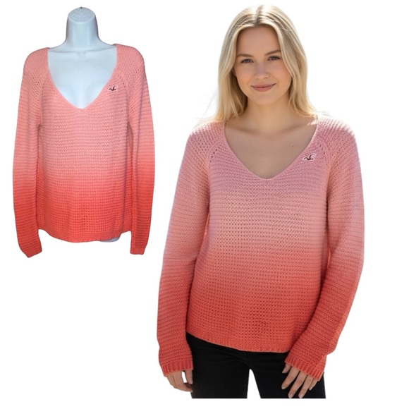 HOLLISTER Pink Coral Ombre Knit Deep V-Neck Sweater - Women’s Medium - Picture 11 of 11